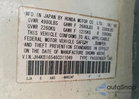 2006 Acura Rl z USA, uszkodzony, nr VIN JH4KB16546C011049